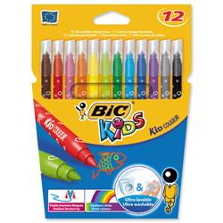 BIC KIDS Couleur Felt Tip Pens Ultra-washable Water-based Medium Tip Assorted Ref 841798 - Pack 12