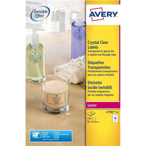 avery crystal clear label 10 per sheet 96x50 8mm ref l7783 25 250 avery labels 10 per page