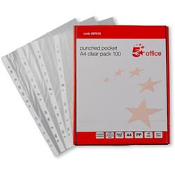 5 Star Office Punched Pocket Embossed Polypropylene Top-opening 40 Micron A4 Clear Pack 100