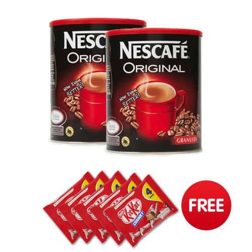Nescafe Original Instant Coffee Granules Tin 750g Ref 12079880 [2 Tins] 5 Free packs of Kit